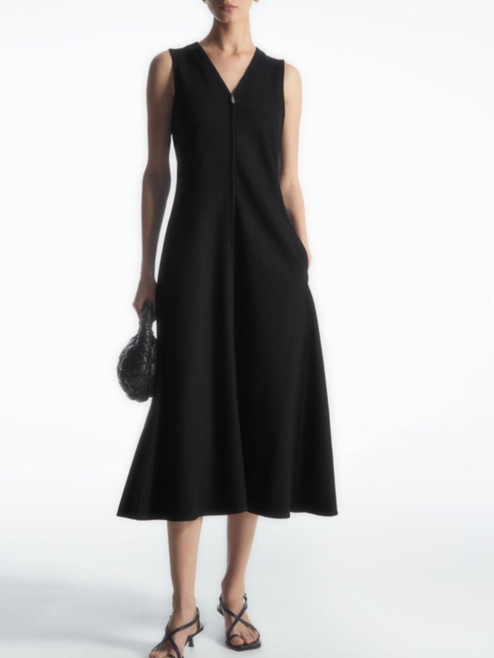 COS Black Zip-Front V-Neck Midi Dress L Cotton Blend Sleeveless